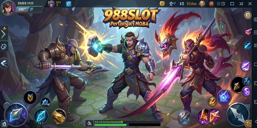 Screenshot gameplay <strong>988SLOT</strong> yang menampilkan pertarungan seru MOBA.