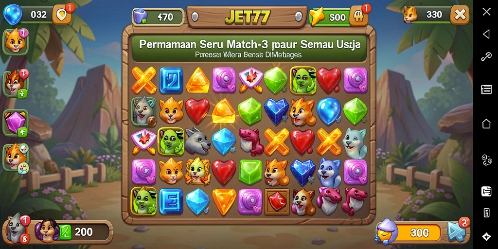 Tampilan menarik dari permainan Match-3 JET77 dengan permata berwarna-warni.