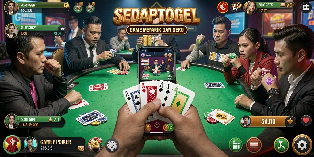 Screenshot SEDAPTOGEL menunjukkan gameplay poker yang seru dan interaktif.