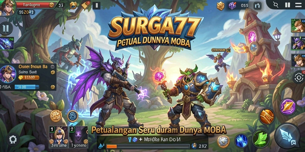 Screenshot utama SURGA77 menampilkan aksi seru dalam pertarungan MOBA.